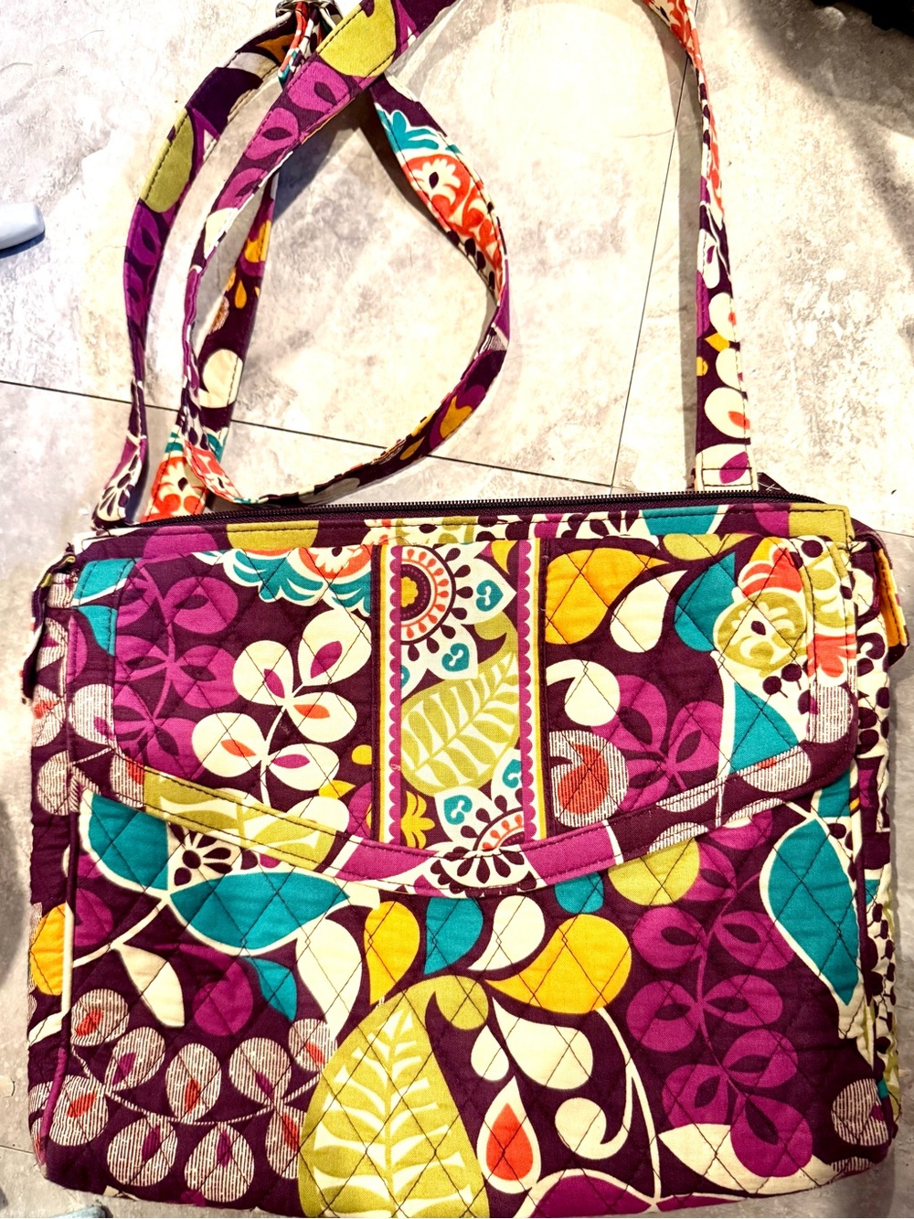 Vera Bradley Purple Floral Quilted Crossbody with Teal and Yellow Accents